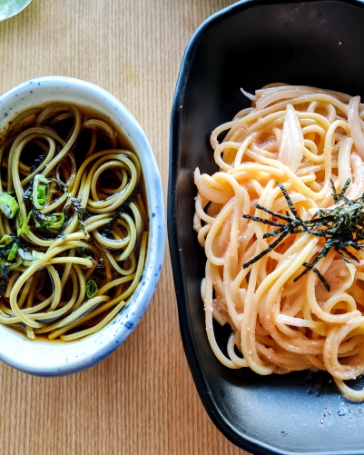 Cha soba (left) was terribly bland. Daiso one tastes better. And the mentaiko pasta (right) tasted really weird too.